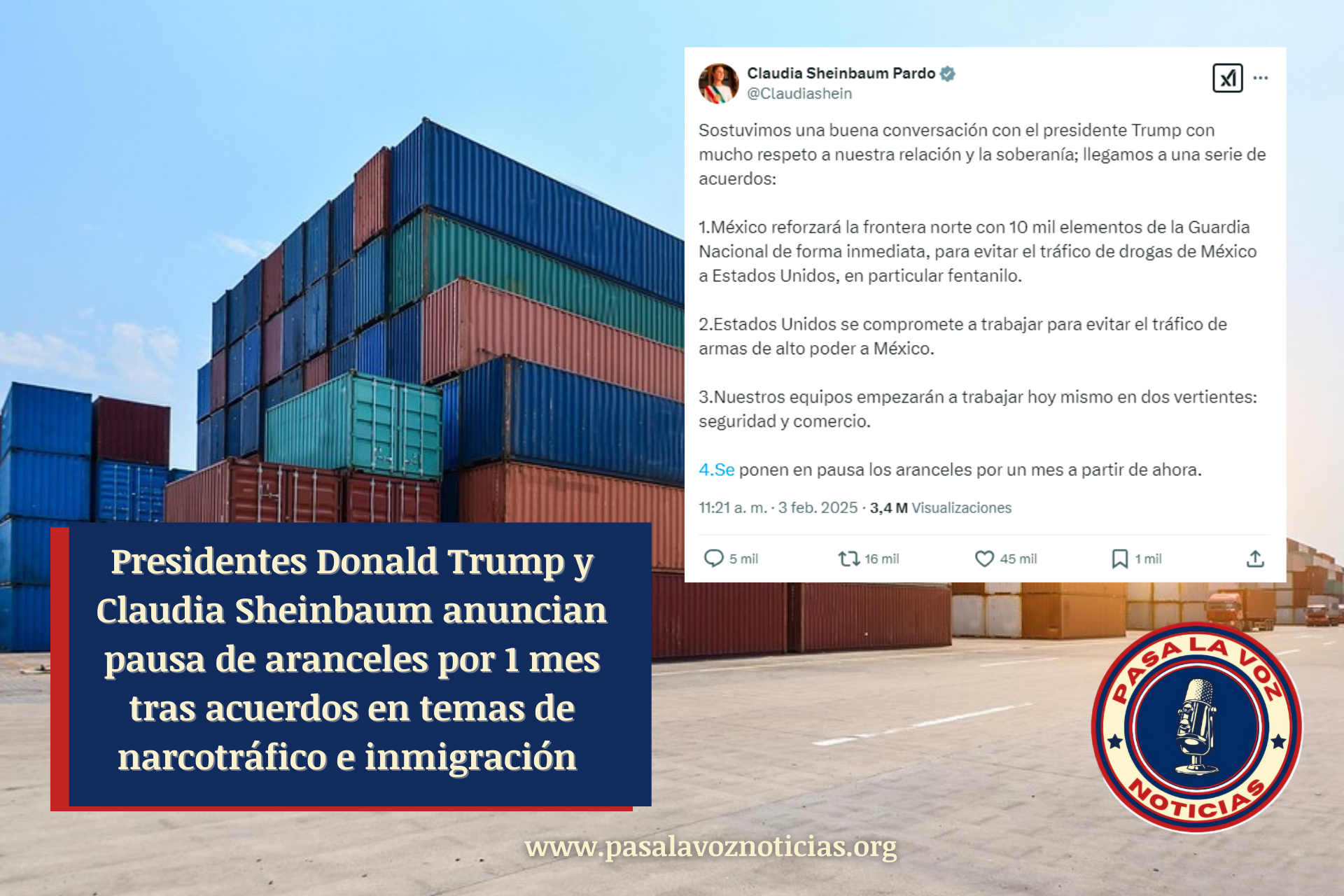 Presidentes Donald Trump y Claudia Sheinbaum anuncian pausa de aranceles por 1 mes tras acuerdos en temas de narcotráfico e inmigración