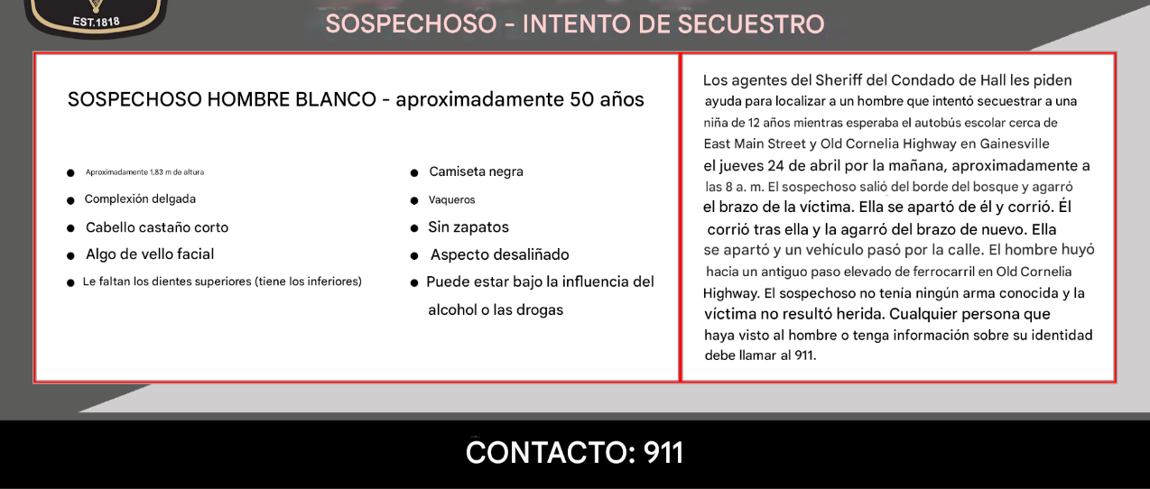 Autoridades inician búsqueda para dar con el sospechoso de intento de secuestro en Gainesville