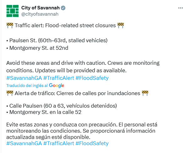 Ciudad de Savannah informa sobre cierres de calles por inundaciones hoy #Lunes
