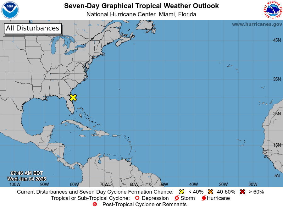 El NHC espera que un área de presión no tropical traiga aguaceros y tormentas eléctricas para el jueves, con lo que aumenta el riesgo de inundaciones localizadas en las costas de Georgia y Carolina del Sur